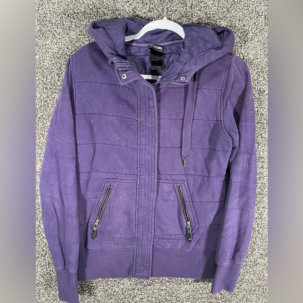 North Face Womens Medium Full Zip Sweater Hooded Purple Cotton Lined Insulated